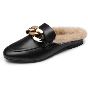 Women Mules Flats Shoes Slip on Closed Toe Slides Loafers Chain Backless Fur
